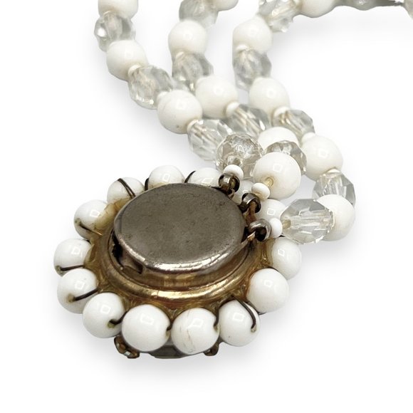Vtg White Milk Glass & Faceted Crystal Bead Multi-Strand Bracelet w/Fancy Clasp - Picture 7 of 8